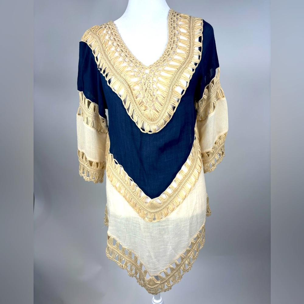 Navy and Cream Crochet Trim Women's Top